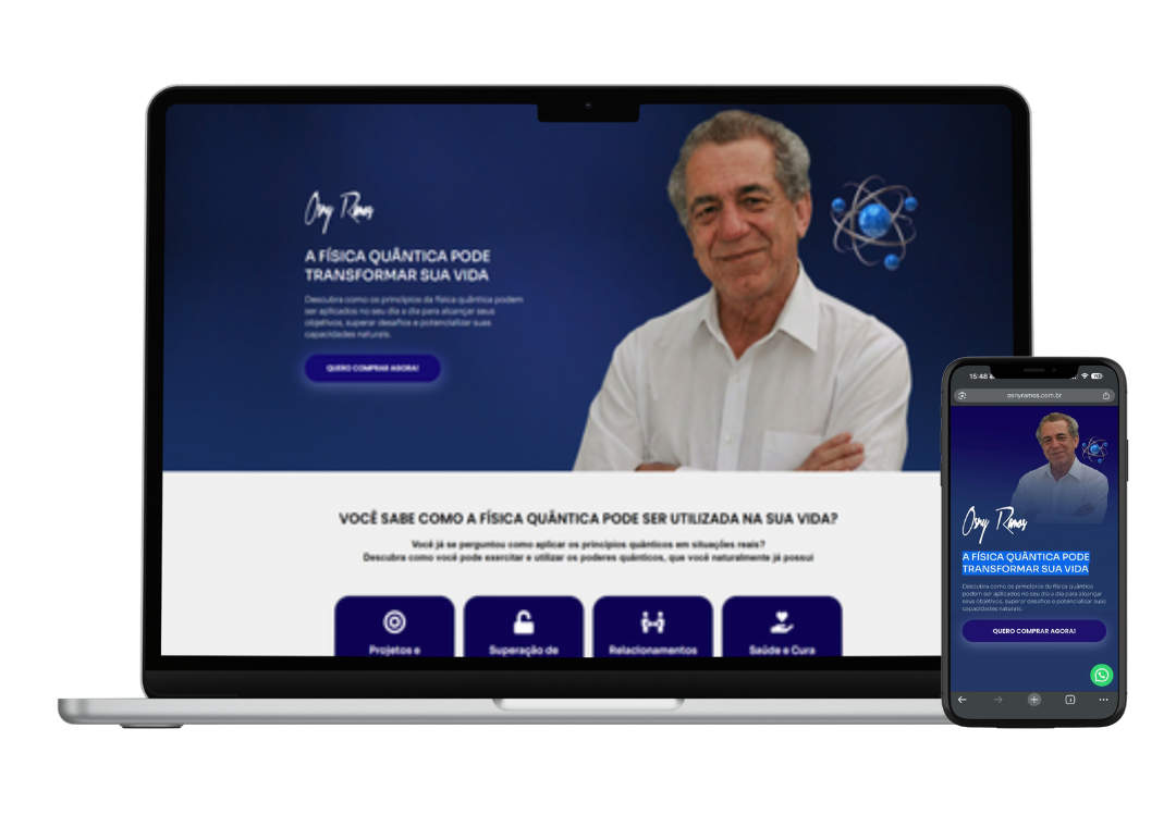 Landing page do Osny Ramos sobre física quântica com cursos online e livros de autoconhecimento