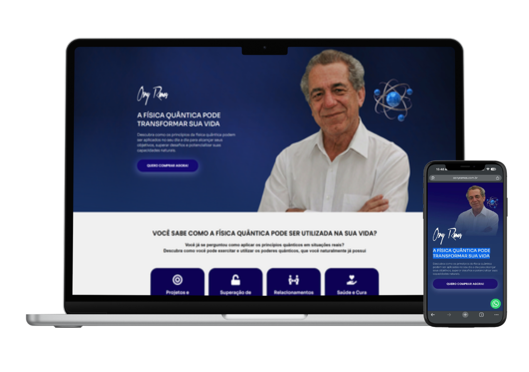 Landing page do Osny Ramos sobre física quântica com cursos online e livros de autoconhecimento